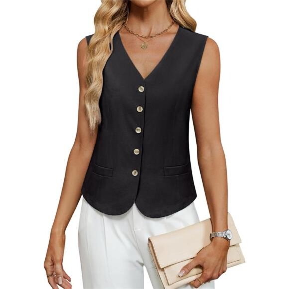 Women's Summer Sleeveless Blazer Vest Button Down Black - Picture 1 of 5